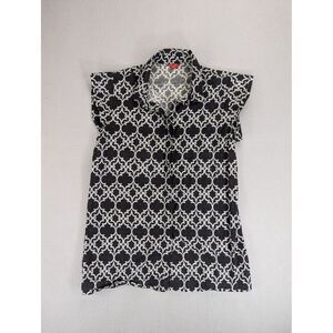 W For Woman Top Women Size 10 Black White Abstract Print Button Up Blouse